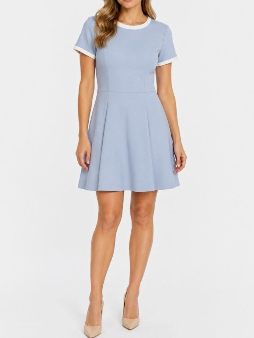 French Connection Size 12 Light Blue Fit & Flare Short Sleeve Dress Msrp $138